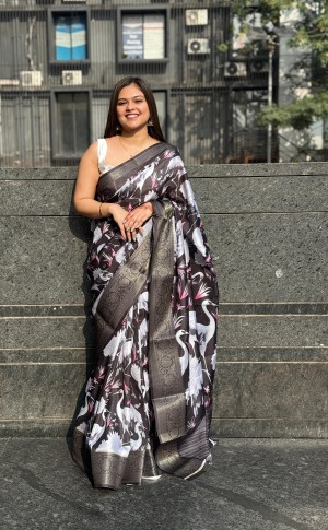 Beautiful digital printed silk jacquard black saree